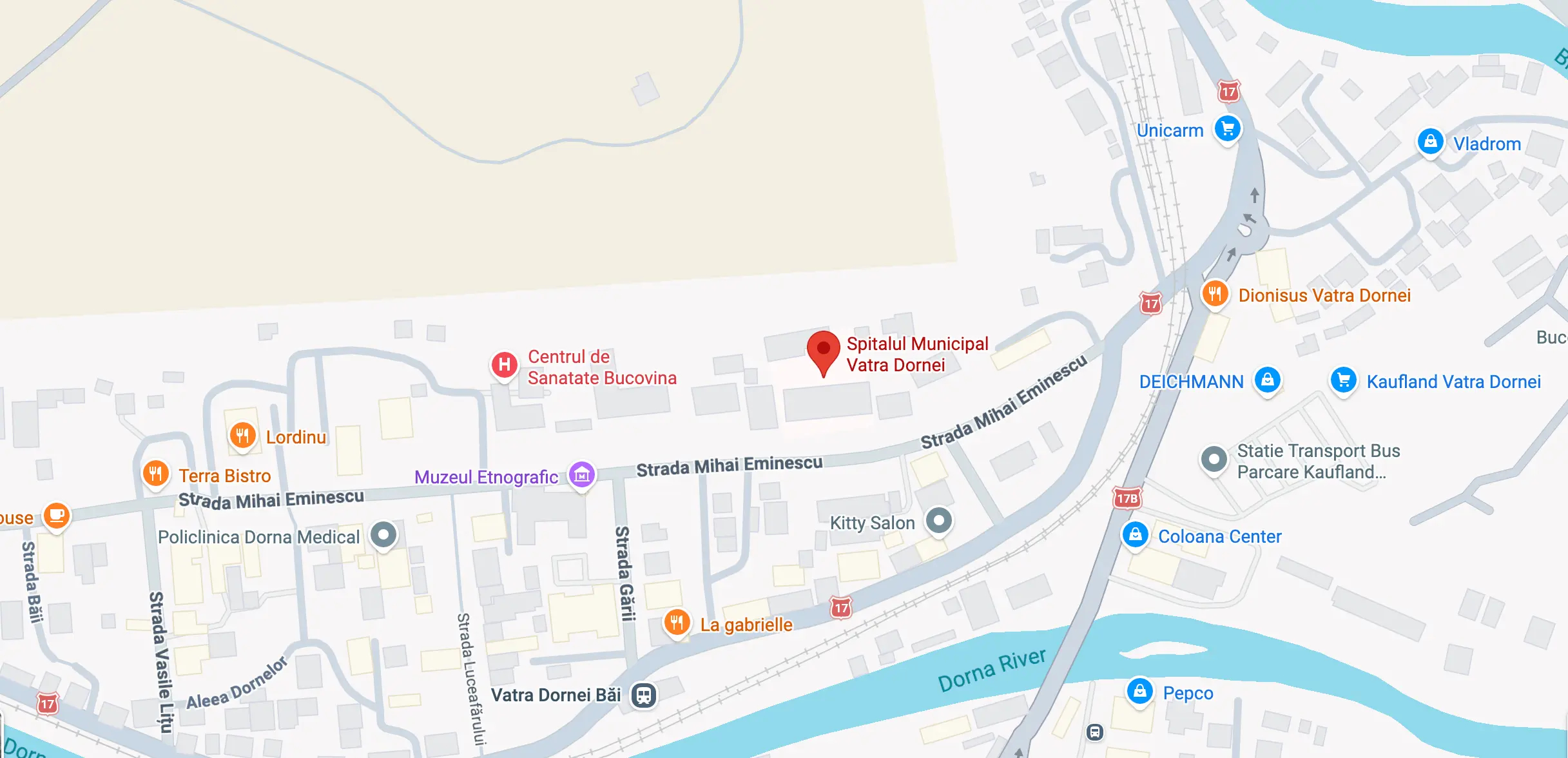 Hartă cu amplasarea Spitalului Municipal Vatra Dornei pe Str. Mihai Eminescu nr. 12